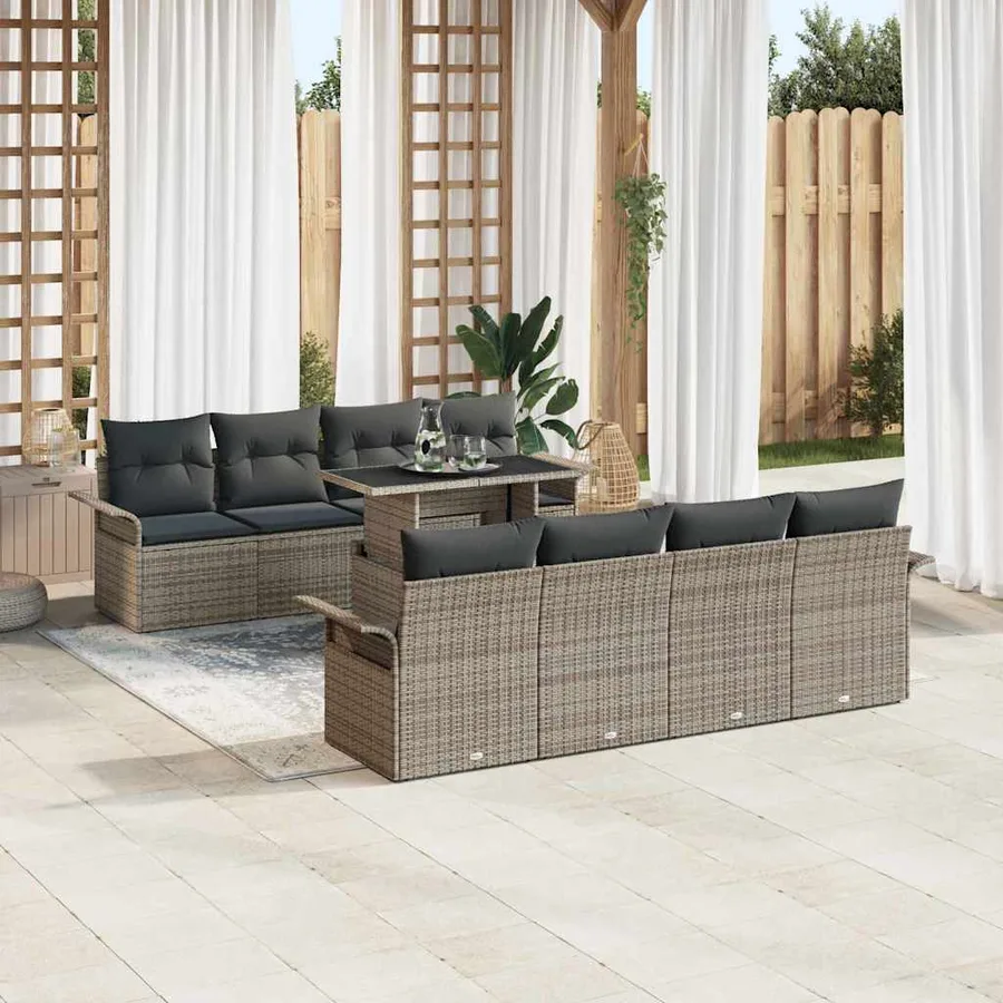 Ensemble de canapé de jardin avec coussin 9 pcs Gris polyrotin - 3