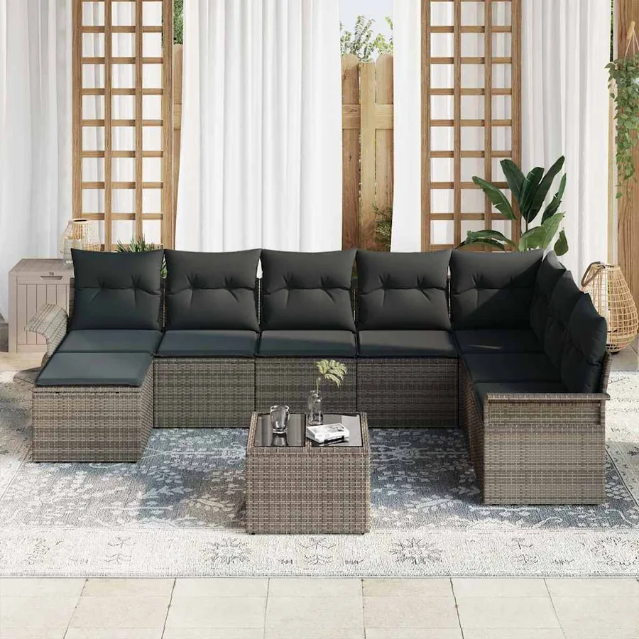 Ensemble de canapé de jardin avec coussin 9 pcs Gris Poly rotin - 3