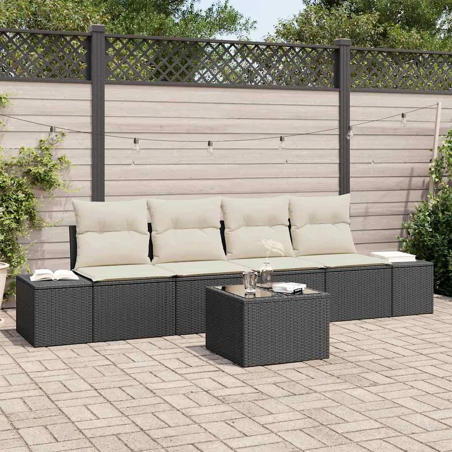 Ensemble de Canapés avec coussin 5 pcs Noir et Crème polyrotin