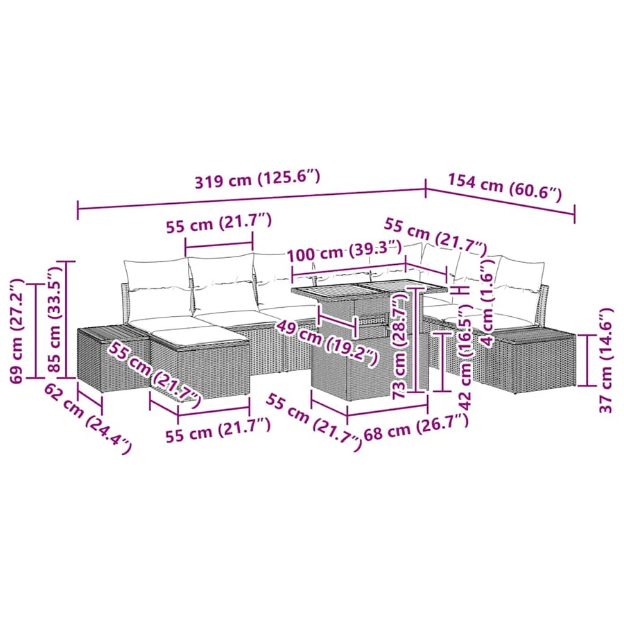 Ensemble de canapé de jardin 9 pcs Noir et Crème - 12