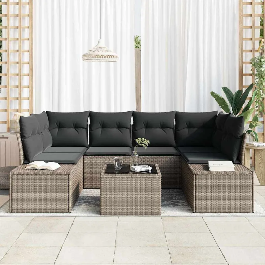 Ensemble de canapé de jardin avec coussin 7 pcs Gris polyrotin - 3