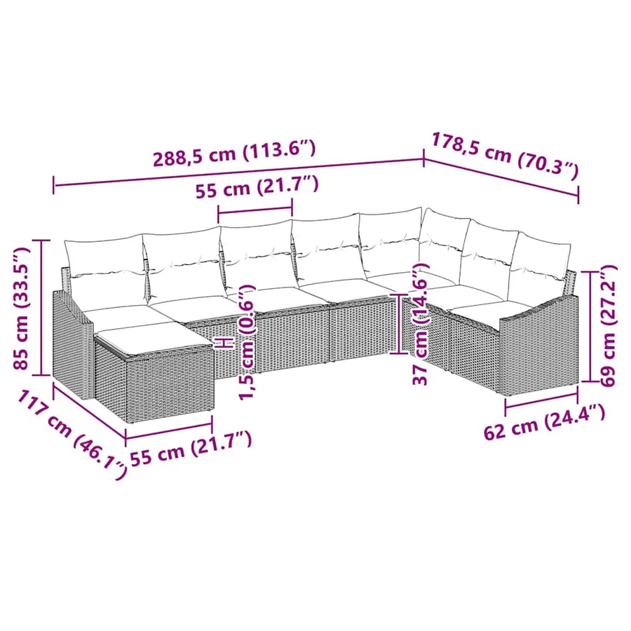 Ensemble de canapé de jardin 8 pcs Marron et Crème polyrotin - 14