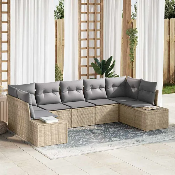 Ensemble de canapé de jardin avec coussin 7 pcs Beige polyrotin