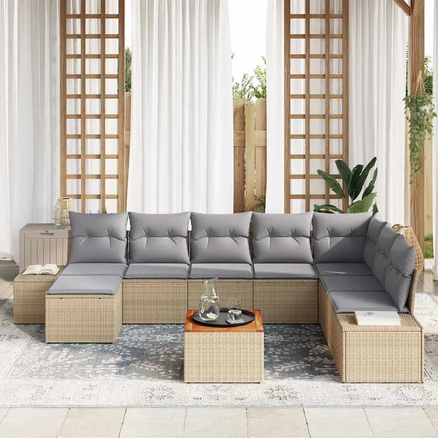 Ensemble de canapé de jardin avec coussin 9 pcs Beige polyrotin - 3