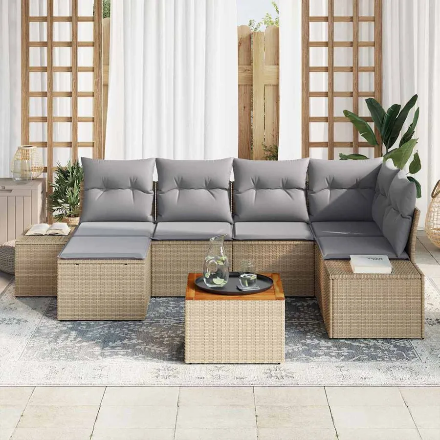Ensemble de canapé de jardin avec coussin 7 pcs Beige polyrotin - 3
