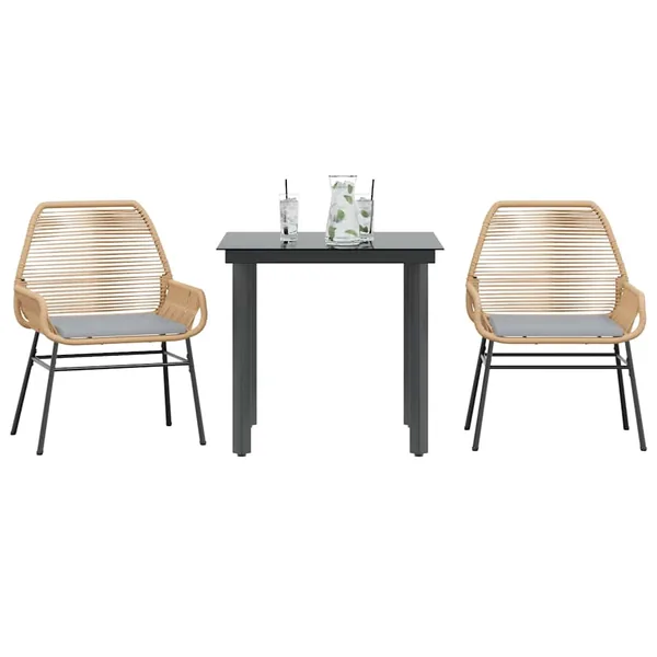Ensemble à manger jardin coussins 3pcs marron poly rotin verre