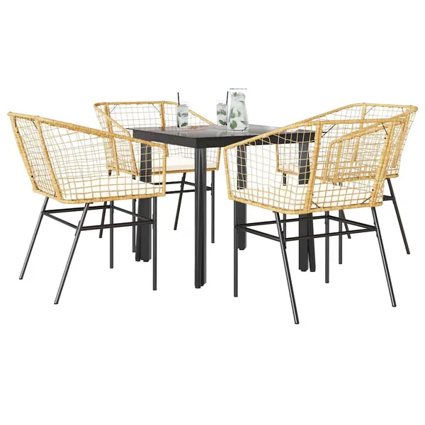 Ensemble à manger jardin coussins 5pcs marron poly rotin verre