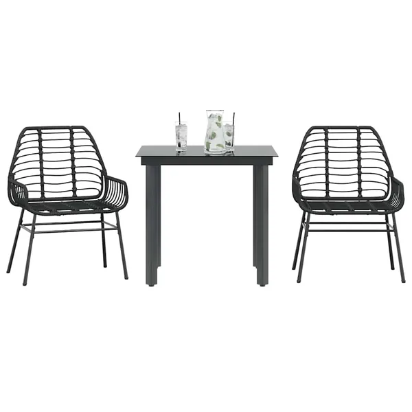 Ensemble à manger de jardin 3 pcs noir résine tressée verre