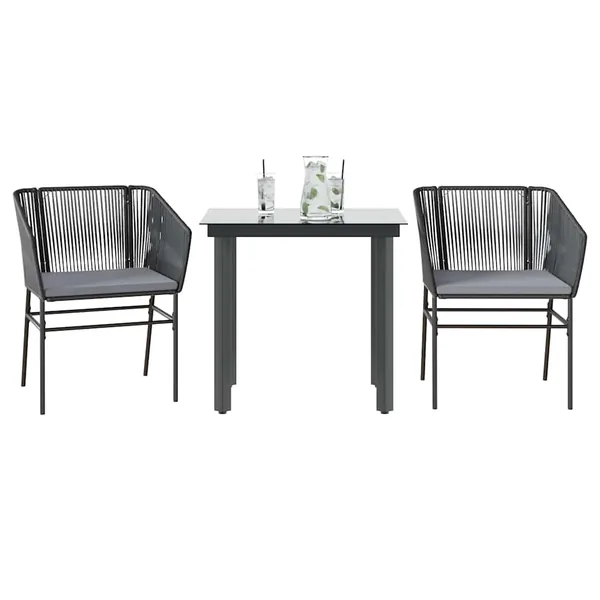 Ensemble à manger de jardin et coussins 3 pcs noir rotin verre