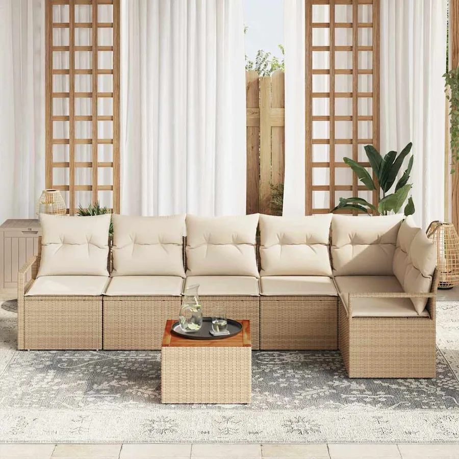 Ensemble de canapé de jardin avec coussin 7 pcs Beige polyrotin - 3