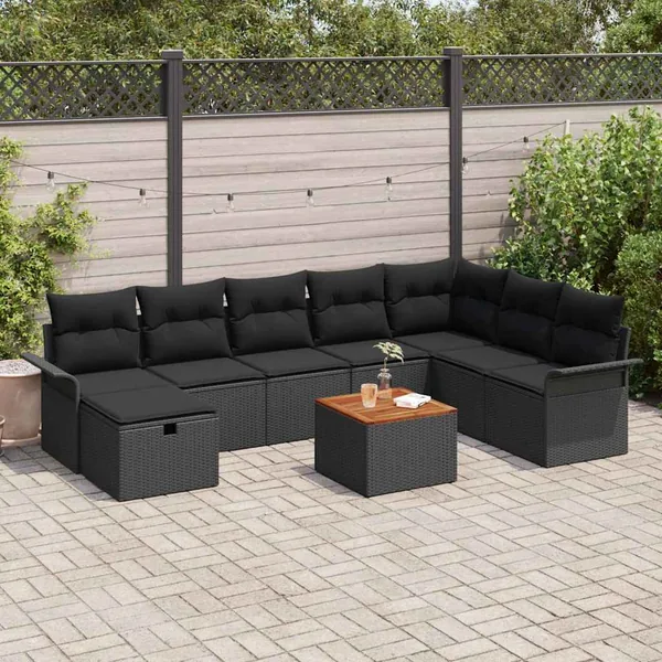 Ensemble de canapé de jardin avec coussin 9 pcs Noir Poly rotin