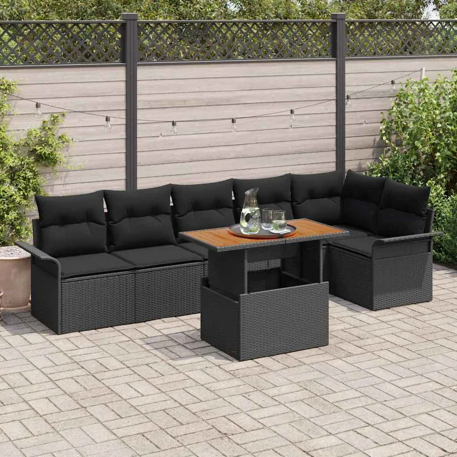 Ensemble de canapé de jardin avec coussin 7 pcs Noir polyrotin