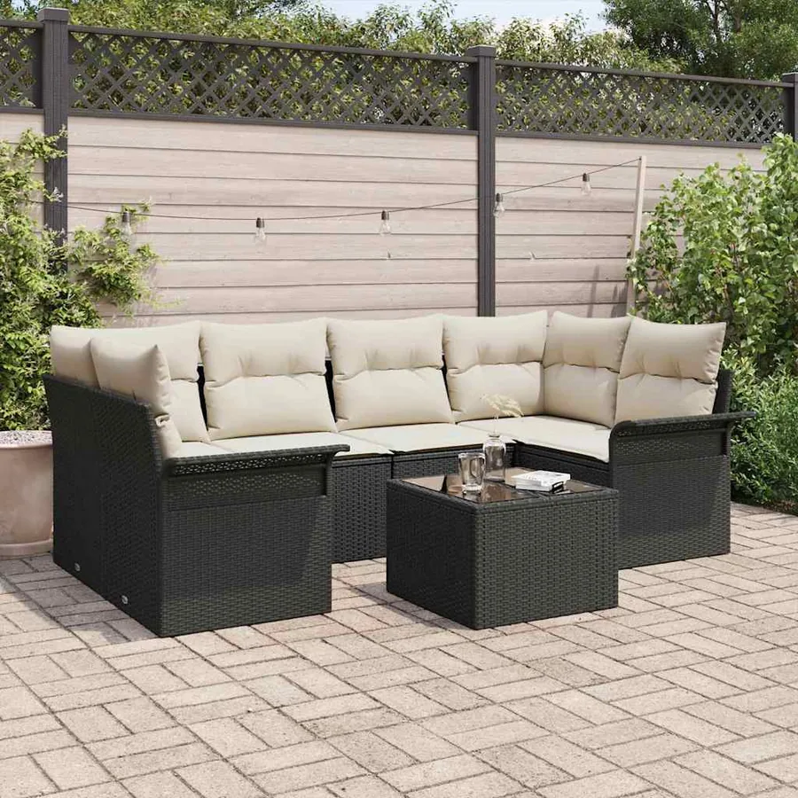 Ensemble de canapé de jardin 7 pcs Noir et Crème polyrotin