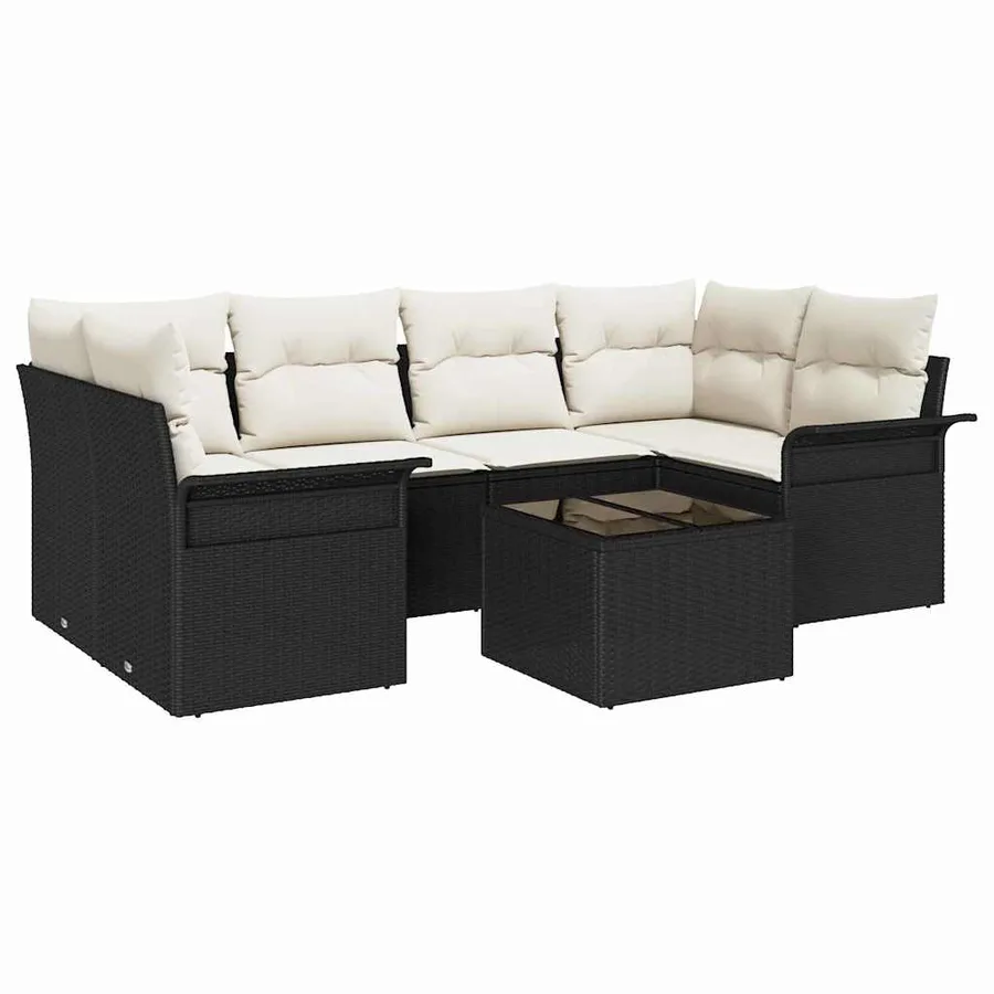 Ensemble de canapé de jardin 7 pcs Noir et Crème polyrotin - 2