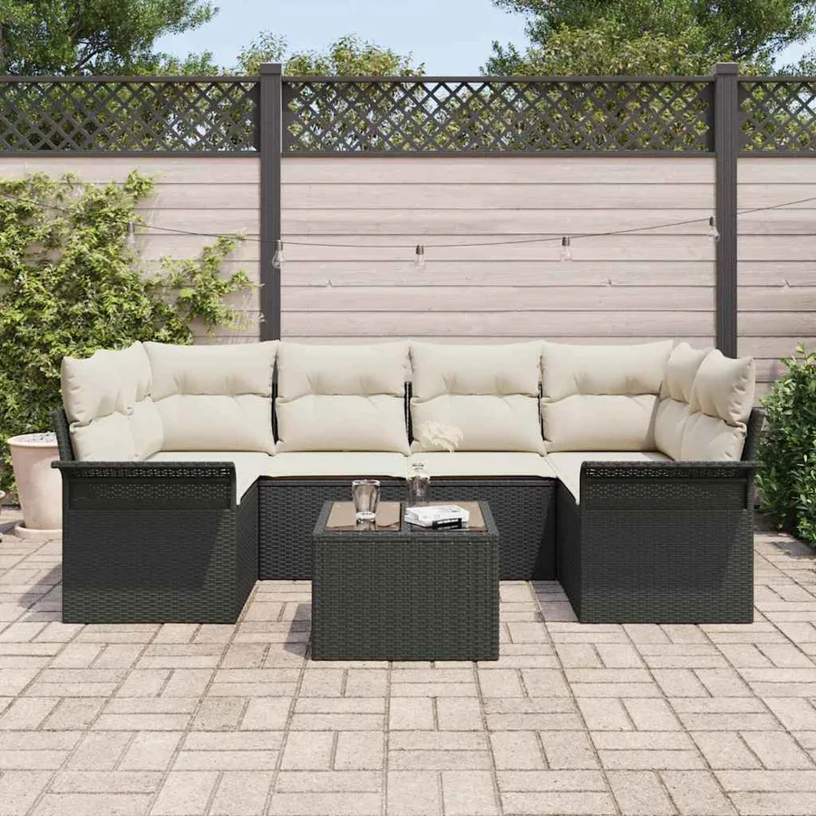 Ensemble de canapé de jardin 7 pcs Noir et Crème polyrotin - 3