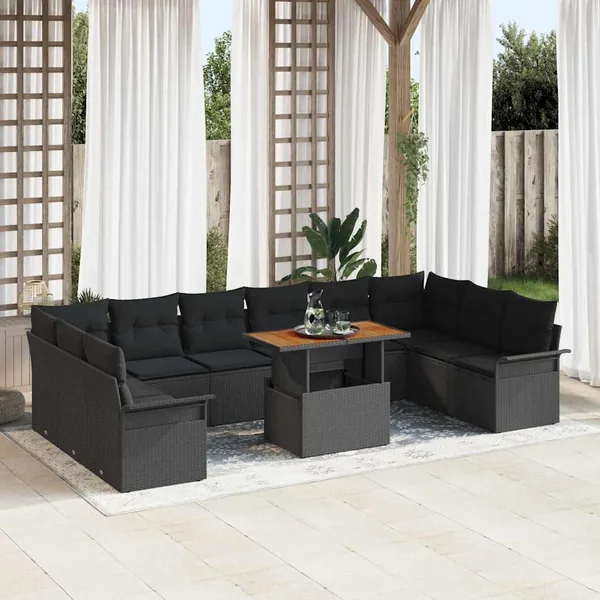 Ensemble de canapé de jardin avec coussin 11 pcs Noir polyrotin