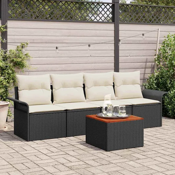Ensemble de canapé de jardin 5 pcs Noir et Crème polyrotin