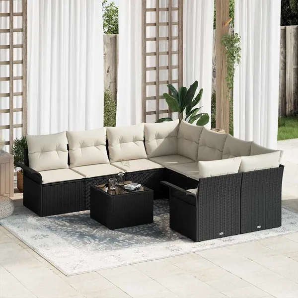 Ensemble de canapé de jardin 9 pcs Noir et Crème polyrotin