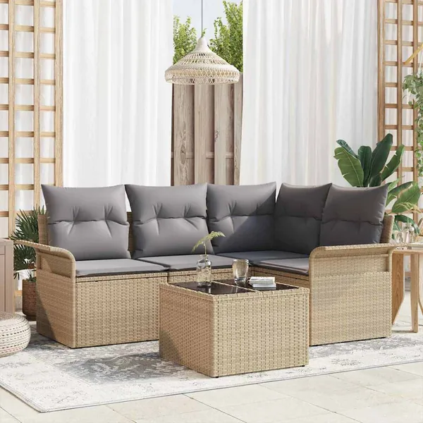 Ensemble de canapé de jardin avec coussin 5 pcs Beige polyrotin