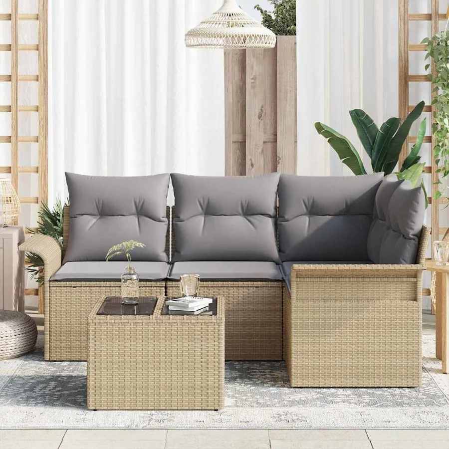 Ensemble de canapé de jardin avec coussin 5 pcs Beige polyrotin - 3