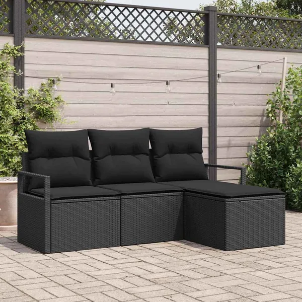 Ensemble de Canapés avec coussin 4 pcs Noir polyrotin
