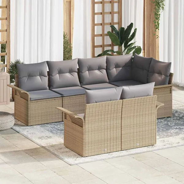 Ensemble de canapé de jardin avec coussin 7 pcs Beige polyrotin