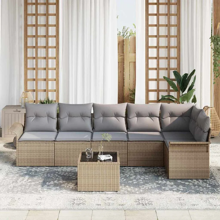 Ensemble de canapé de jardin avec coussin 7 pcs Beige polyrotin - 3