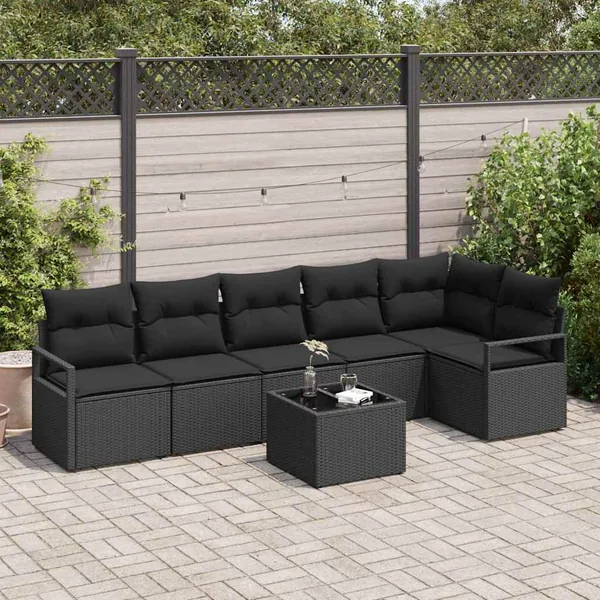 Ensemble de canapé de jardin avec coussin 7 pcs Noir polyrotin