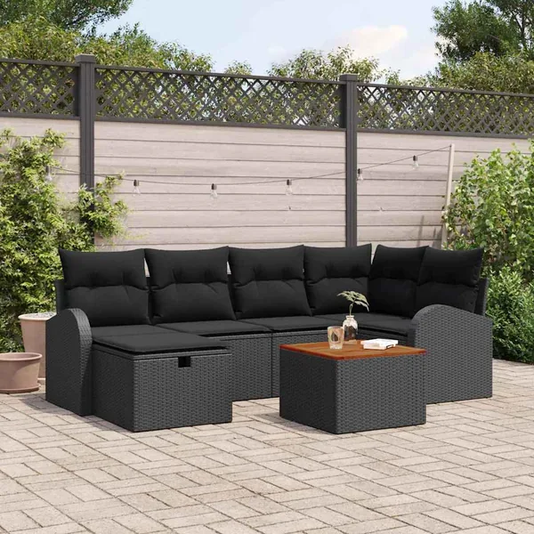 Ensemble de canapé de jardin avec coussin 7 pcs Noir polyrotin