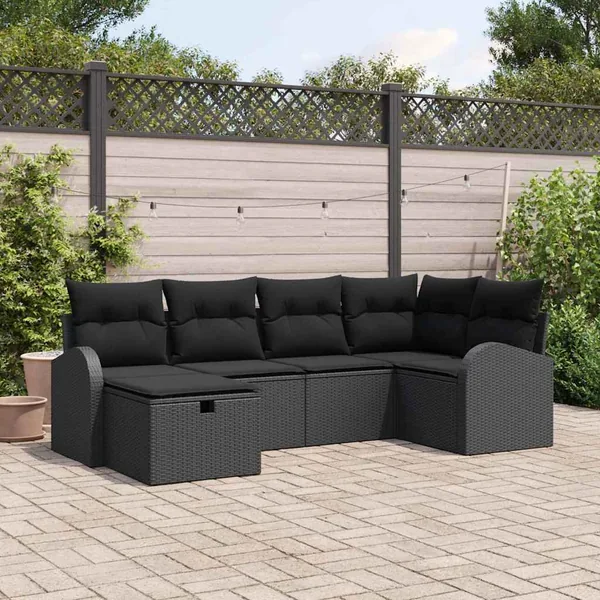 Ensemble de Canapés avec coussin avec stockage Noir polyrotin