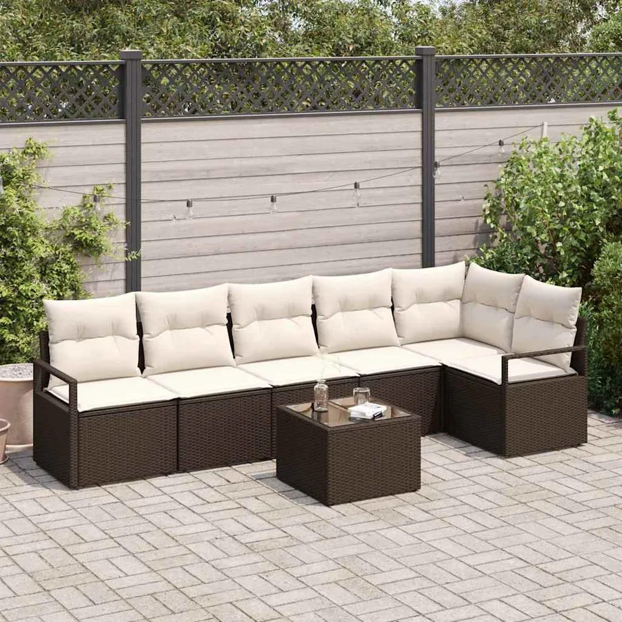 Ensemble de canapé de jardin 7 pcs Marron et Crème polyrotin