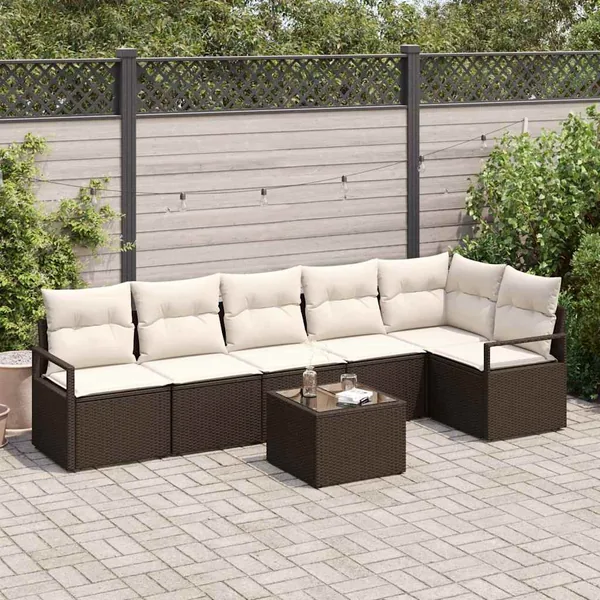 Ensemble de canapé de jardin 7 pcs Marron et Crème polyrotin