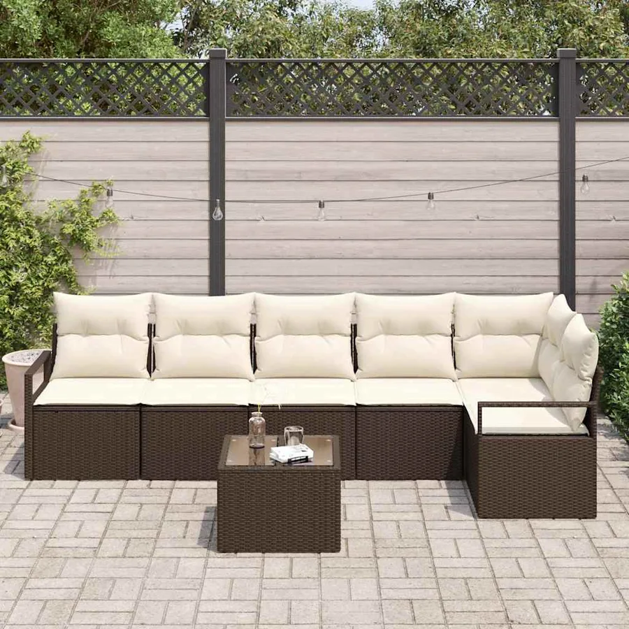 Ensemble de canapé de jardin 7 pcs Marron et Crème polyrotin - 3