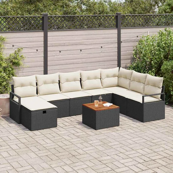 Ensemble de canapé de jardin avec coussin 9 pcs Noir polyrotin