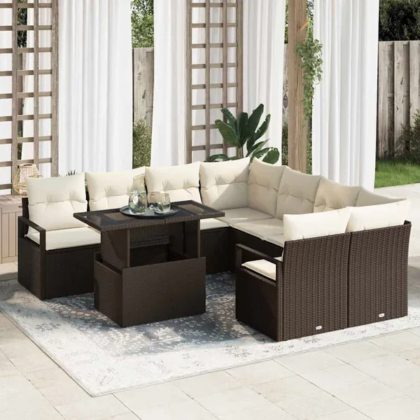 Ensemble de canapé de jardin 9 pcs Marron et Crème polyrotin