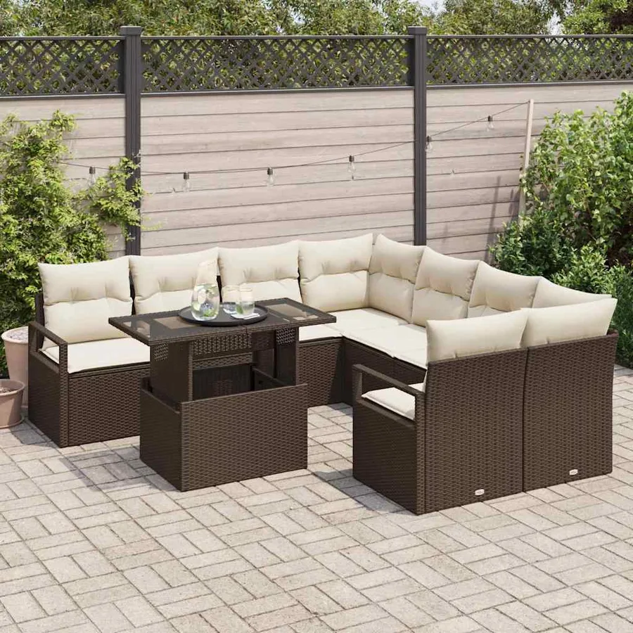 Ensemble de canapé de jardin 9 pcs Marron et Crème polyrotin - 3