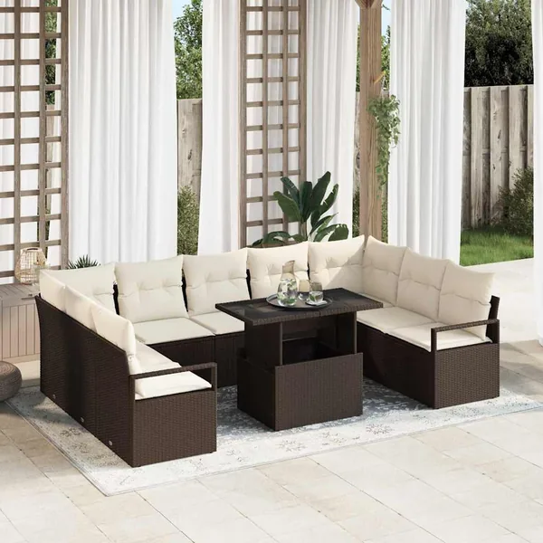 Ensemble de canapé de jardin 10 pcs Marron et Crème polyrotin
