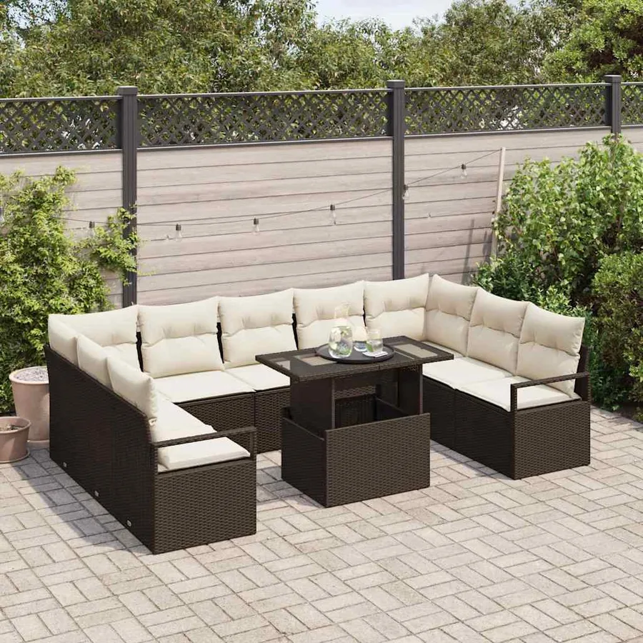 Ensemble de canapé de jardin 10 pcs Marron et Crème polyrotin - 3