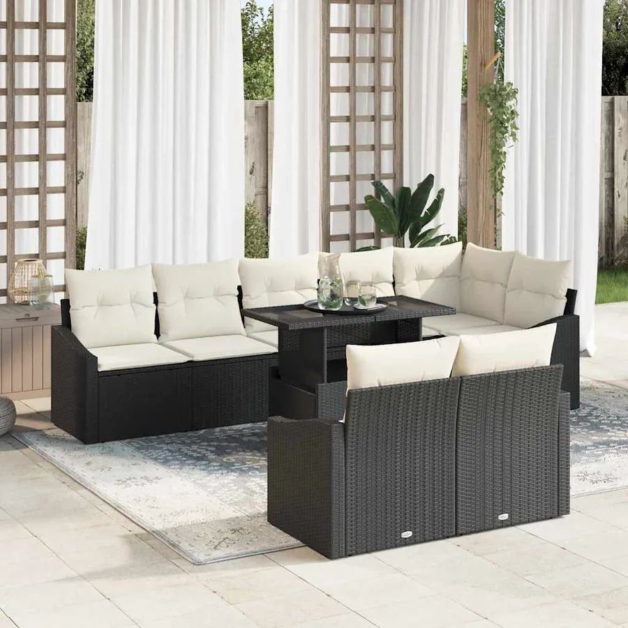 Ensemble de canapé de jardin 9 pcs Noir et Crème polyrotin