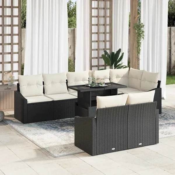 Ensemble de canapé de jardin 9 pcs Noir et Crème polyrotin