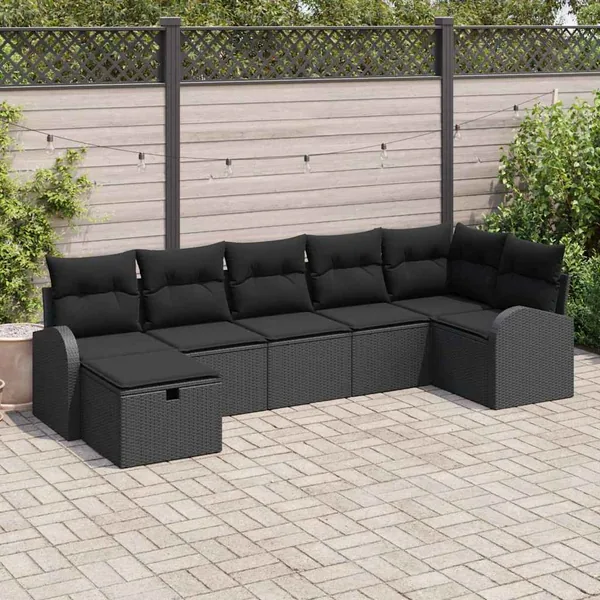 Ensemble de canapé de jardin avec coussin 7 pcs Noir polyrotin