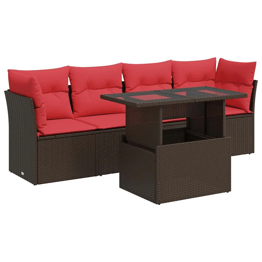 Salon de jardin avec coussins 5pcs marron résine tressée acacia - 2