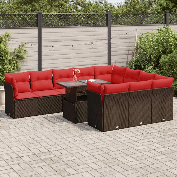 Salon de jardin et coussins 11 pcs marron résine tressée acacia