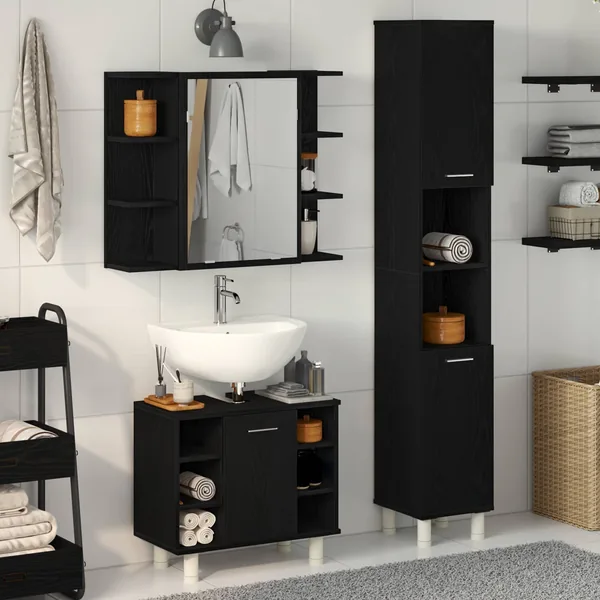 Ensemble de mobilier de salle de bain avec étagère 3 pcs Noir