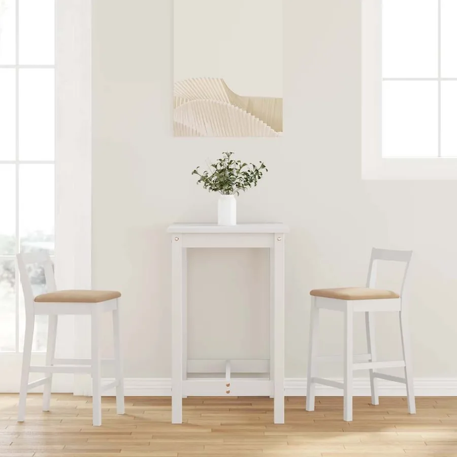 Tabourets de bar avec coussins (lot de 2) en bois massif blanc et caoutchouc