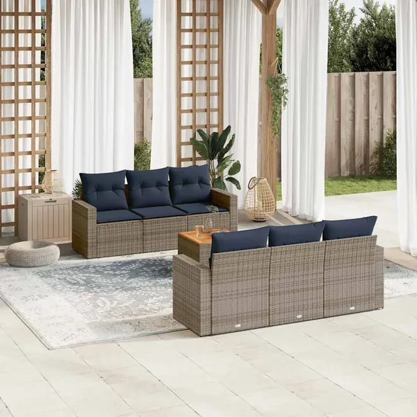 Salon de jardin 7 pcs avec coussins gris résine tressée