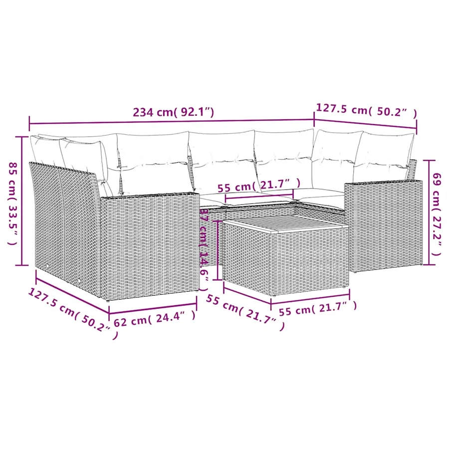 Salon de jardin 7 pcs avec coussins gris résine tressée - 12