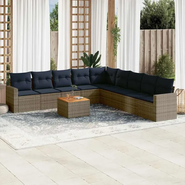 Salon de jardin 10 pcs avec coussins gris résine tressée