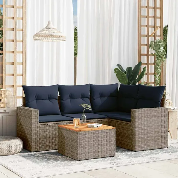 Salon de jardin 5 pcs avec coussins gris résine tressée