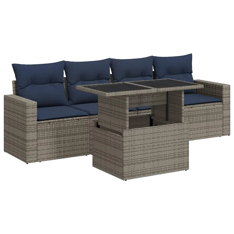 Salon de jardin 5 pcs avec coussins gris résine tressée acacia - 2